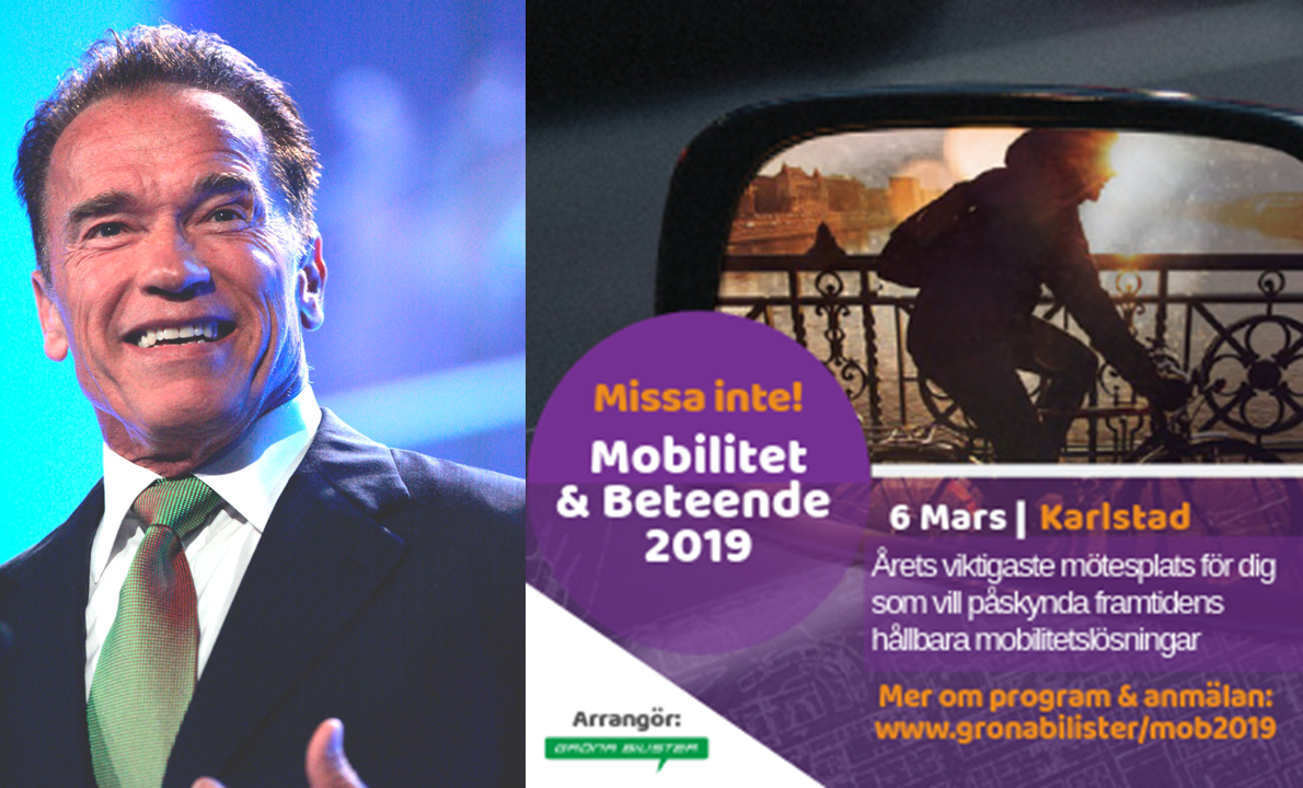 Arnold Schwarzenegger skickar exklusiv hälsning till Gröna Bilisters konferens Mobilitet & Beteende i Karlstad den 6 mars